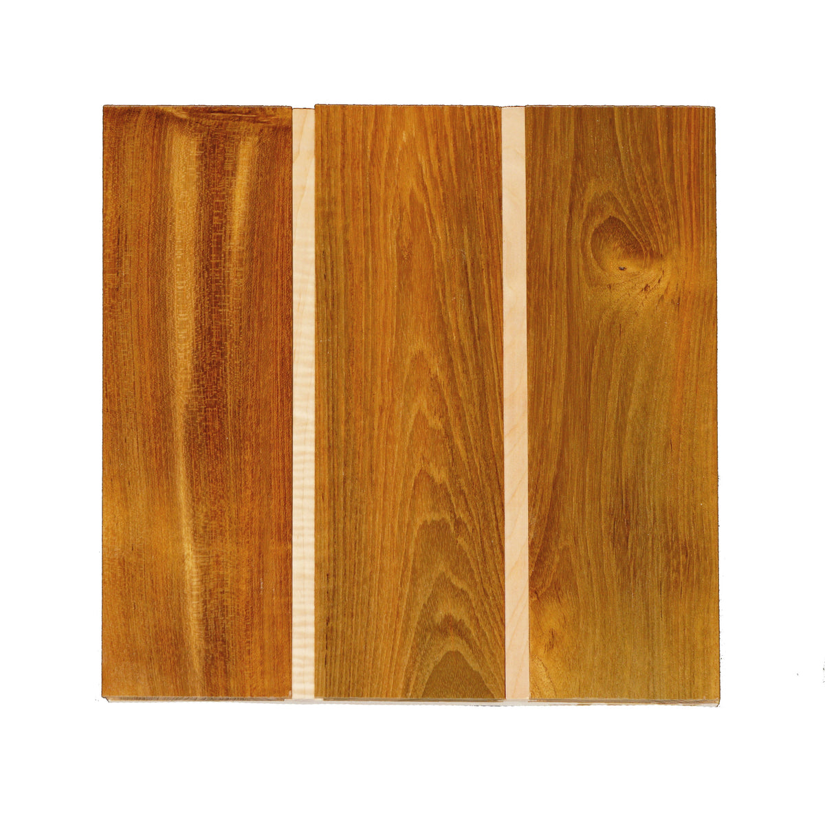 Three golden-brown wood boards separated by two pale strips on a white background