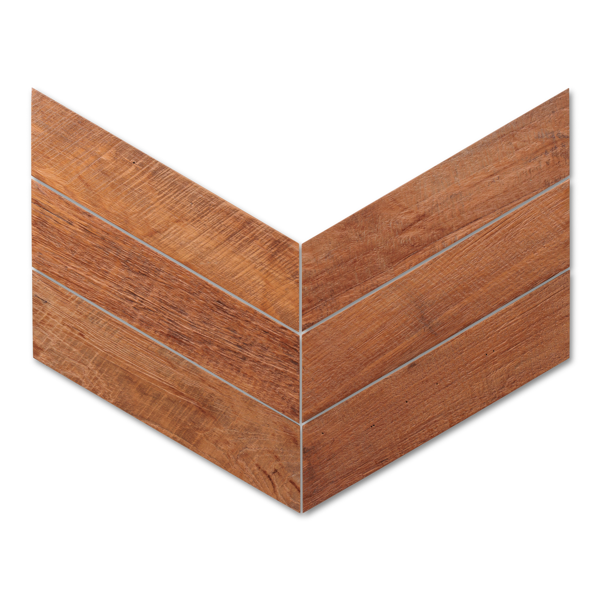 Close view of chevron-shaped teak tiles with varied grain and brown tones