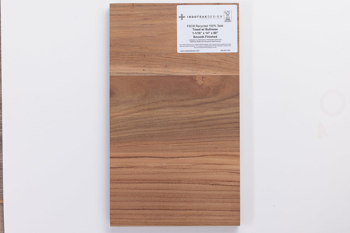 Labeled teak plank sample and mesh-backed tile sample