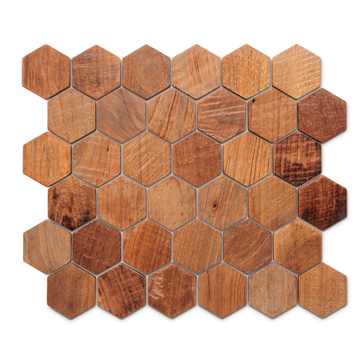 Hexagonal teak mosaic beside a chevron tile sample