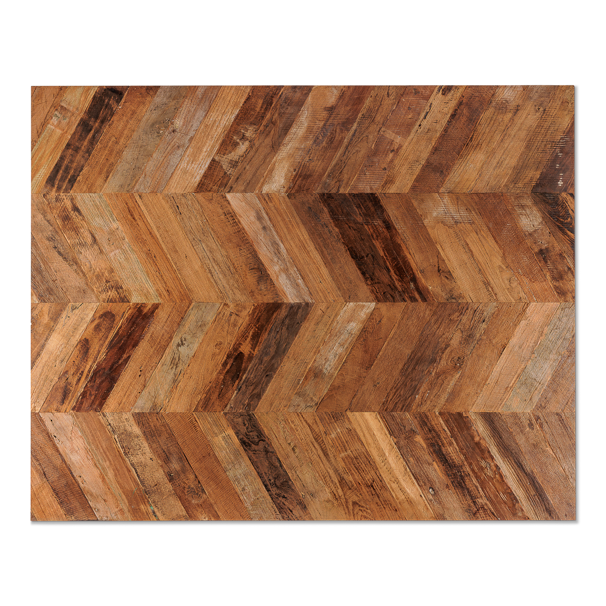 Patina teak plywood in a chevron pattern and cabinet fronts with horizontal grain