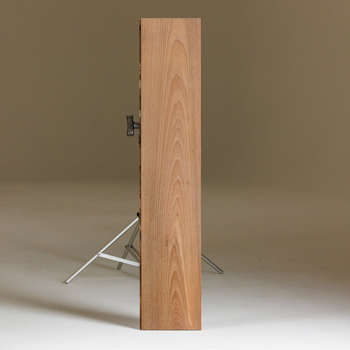 Single long wood flooring plank standing in a photo studio