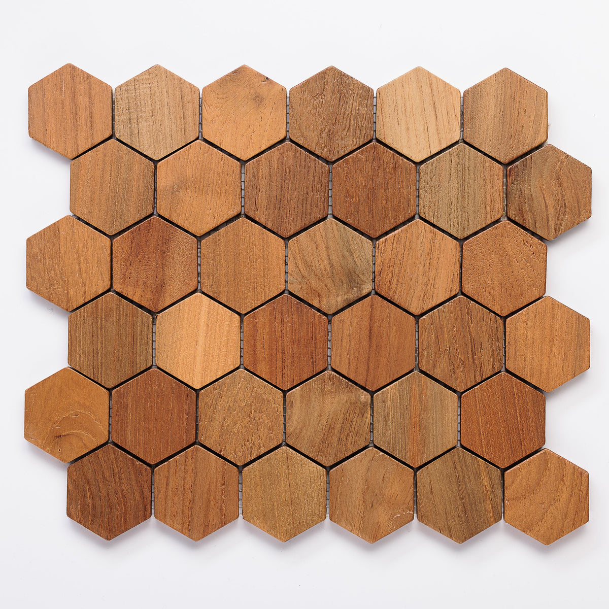 Hexagonal teak mosaic sample with visible wood grain and open joints on a white background