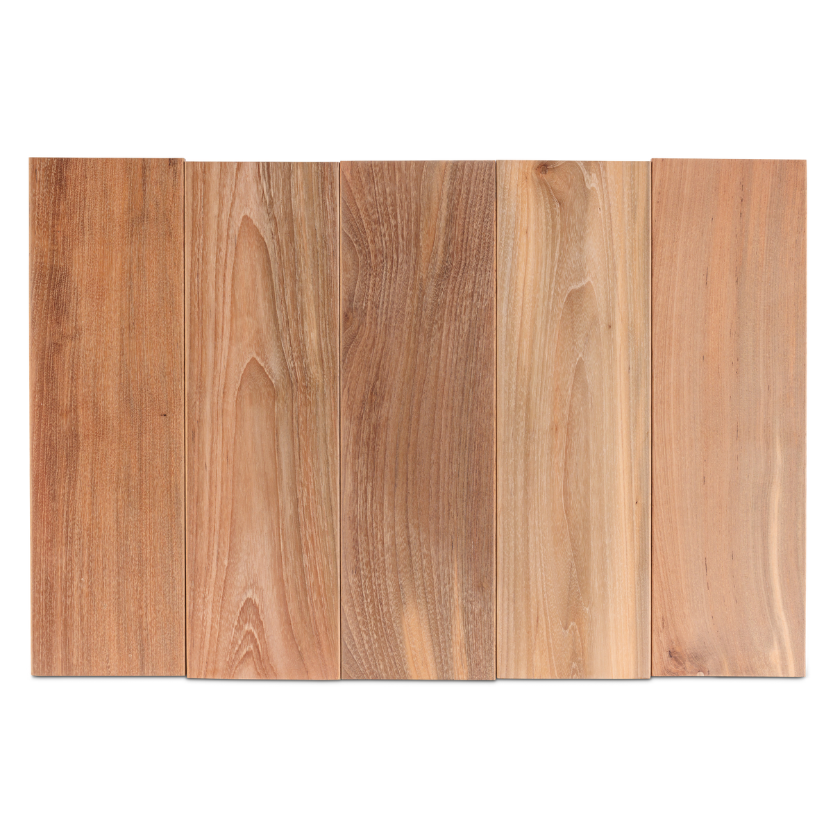 Five unfinished teak decking samples show different grain and color