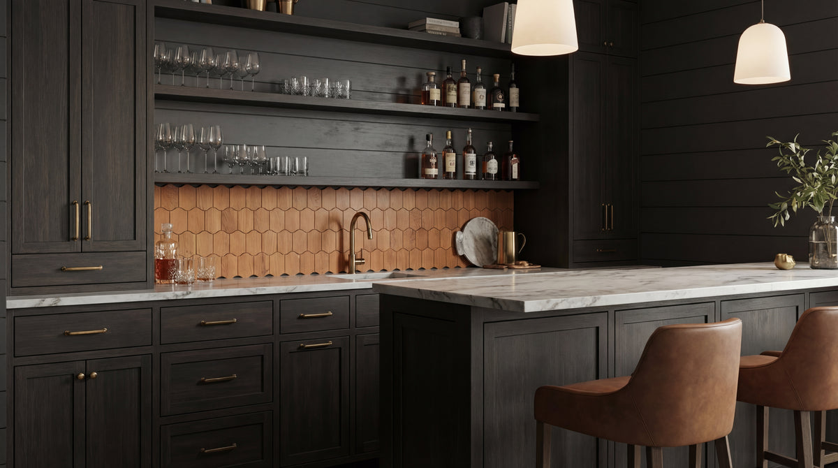 Amsterdam reclaimed teak tile shown as a warm wood backsplash in a dark kitchen render