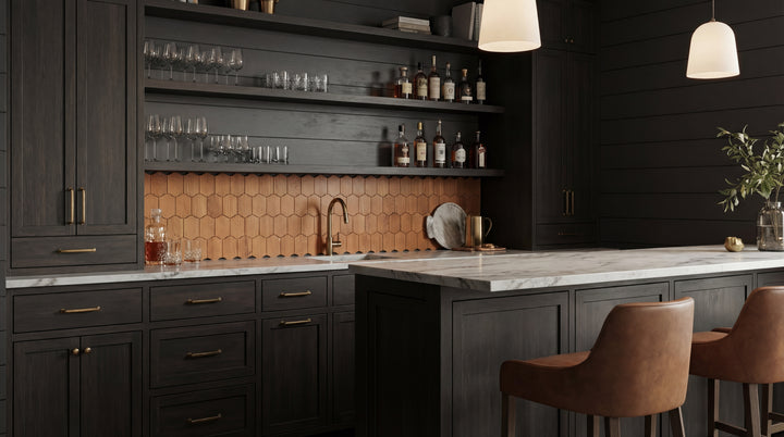 Amsterdam reclaimed teak tile shown as a warm wood backsplash in a dark kitchen render