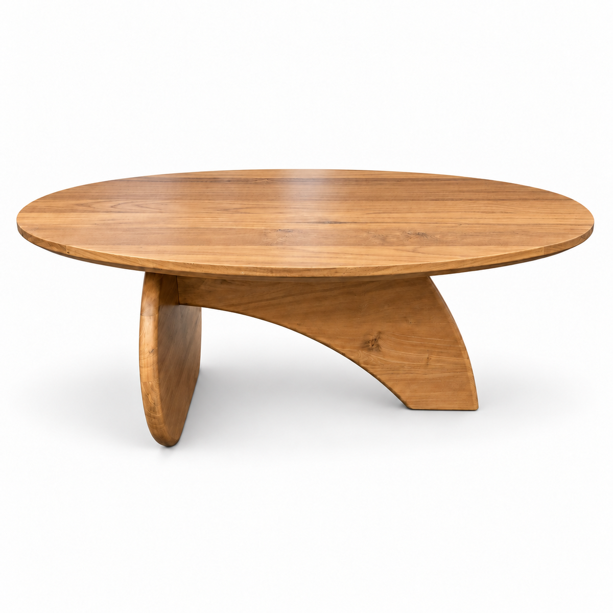 IndoTeak Design oval reclaimed teak coffee table with intersecting curved base, front view on white