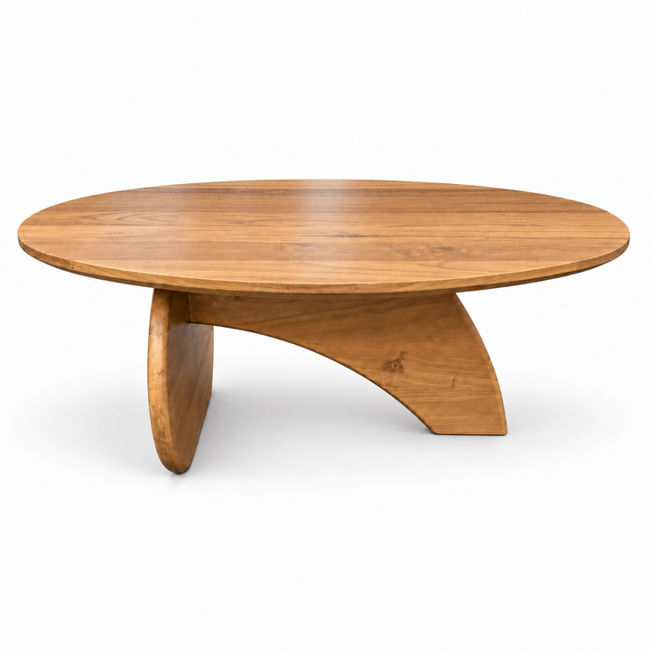 IndoTeak Design oval reclaimed teak coffee table with intersecting curved base, front view on white