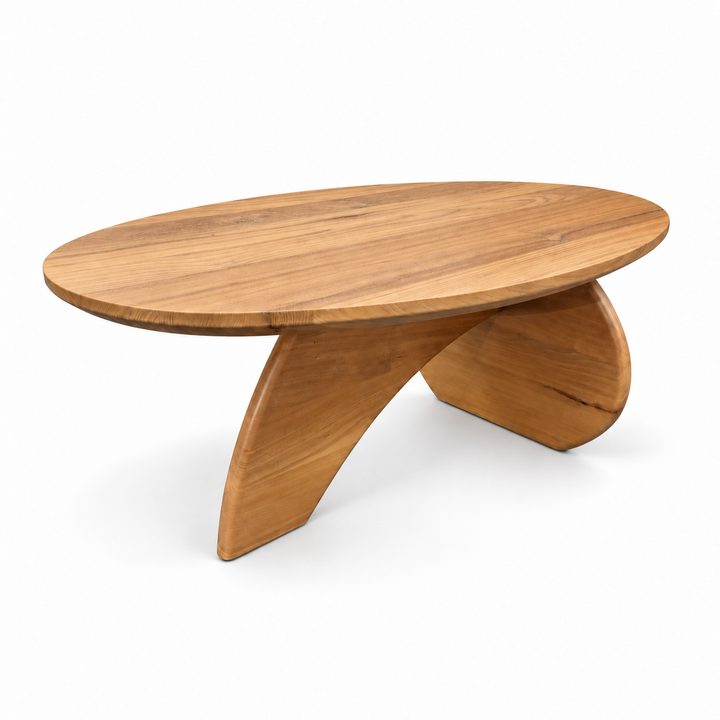 IndoTeak Design oval reclaimed teak coffee table, reverse angle on a white background
