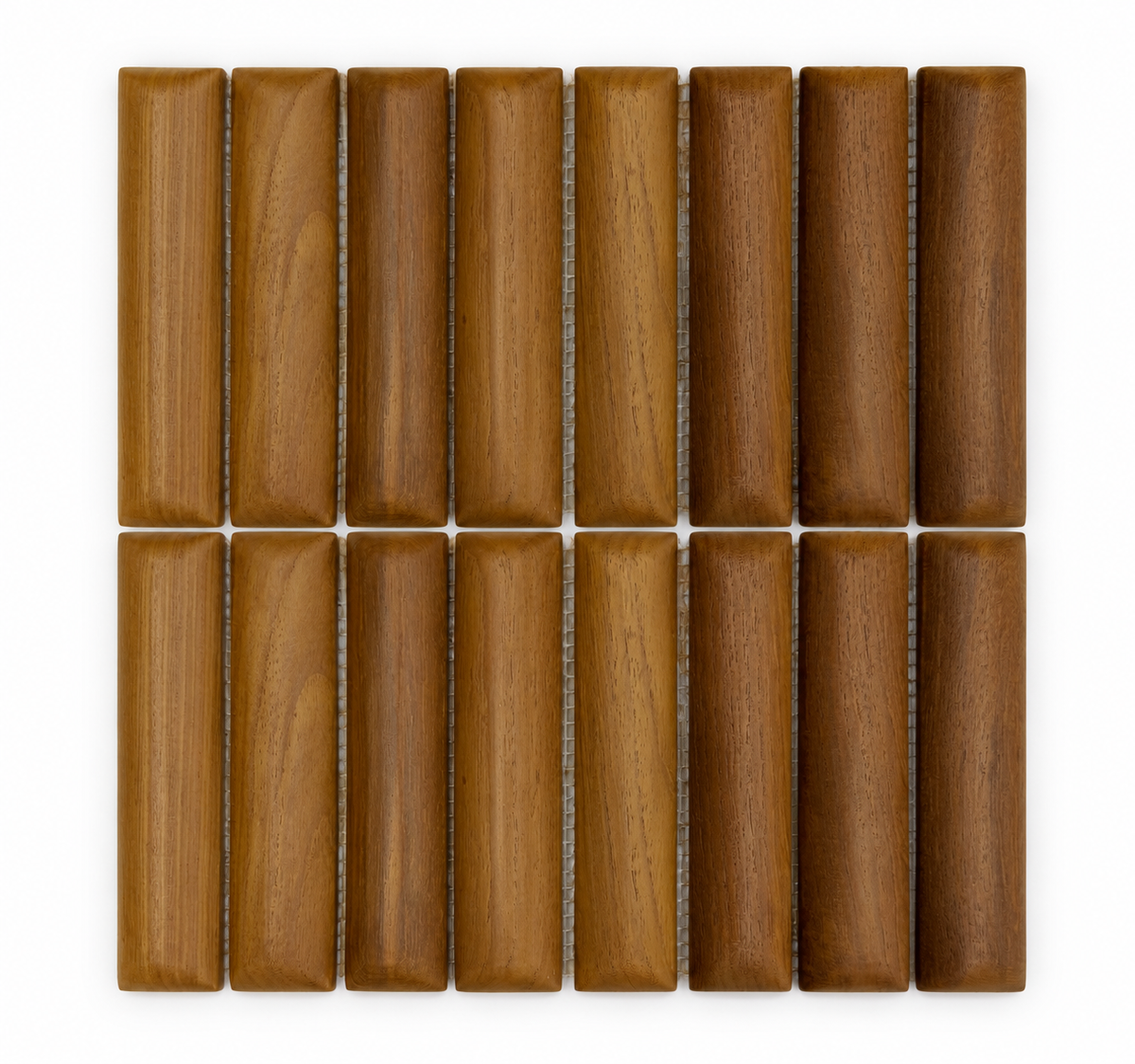 Tide reclaimed teak tile shown upright, sixteen-piece layout